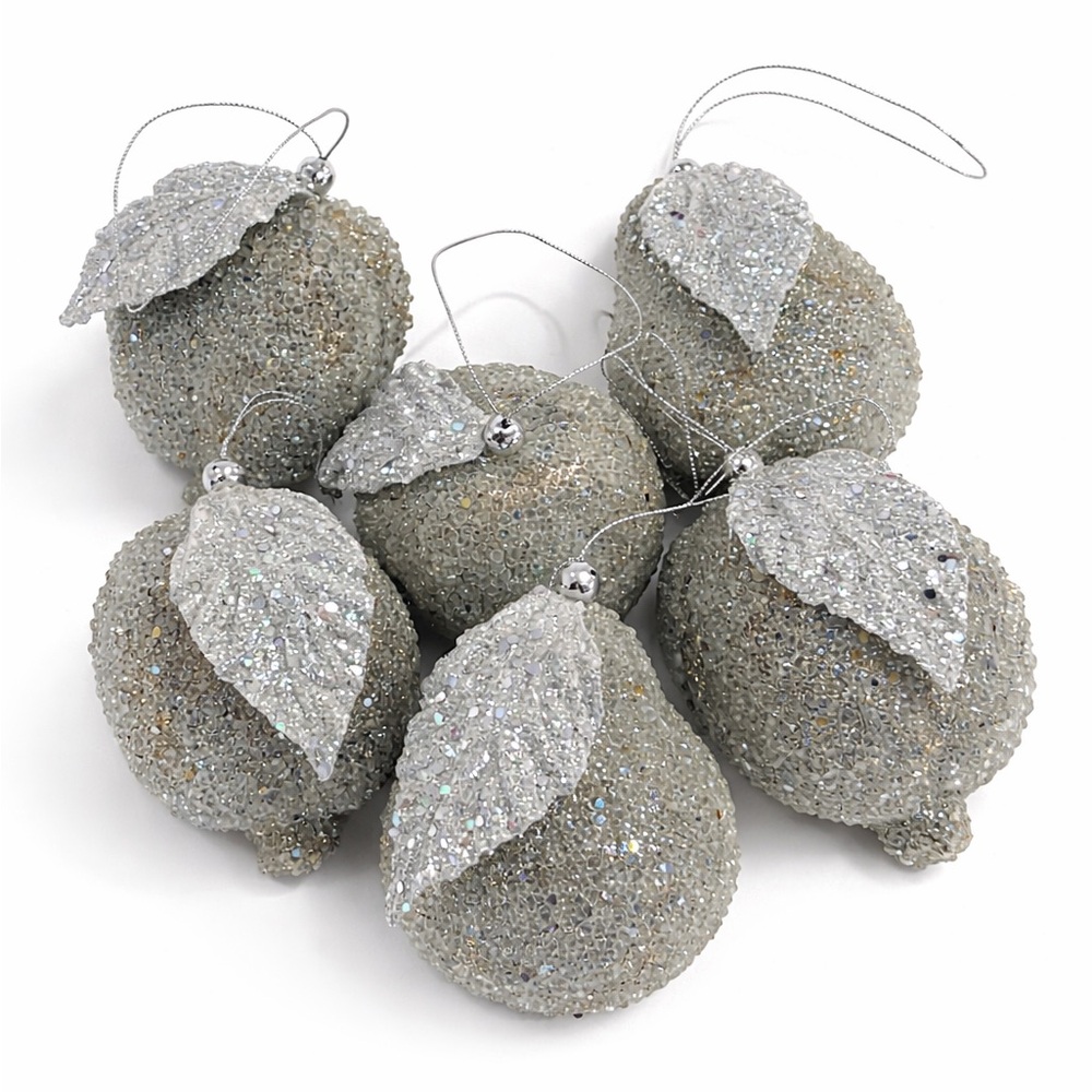 Set of 6 Silver Glitter Fruit Christmas Ornaments – Pears, Pomegranates & Apple - Picture 1 of 4